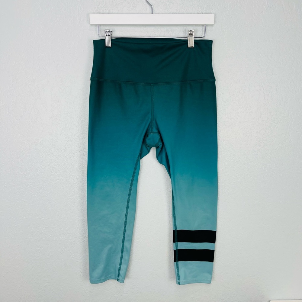 Alo Yoga High Waisted Airbrush Capris in Teal Aqua Green Blue With Black Stripes - Picture 3 of 6